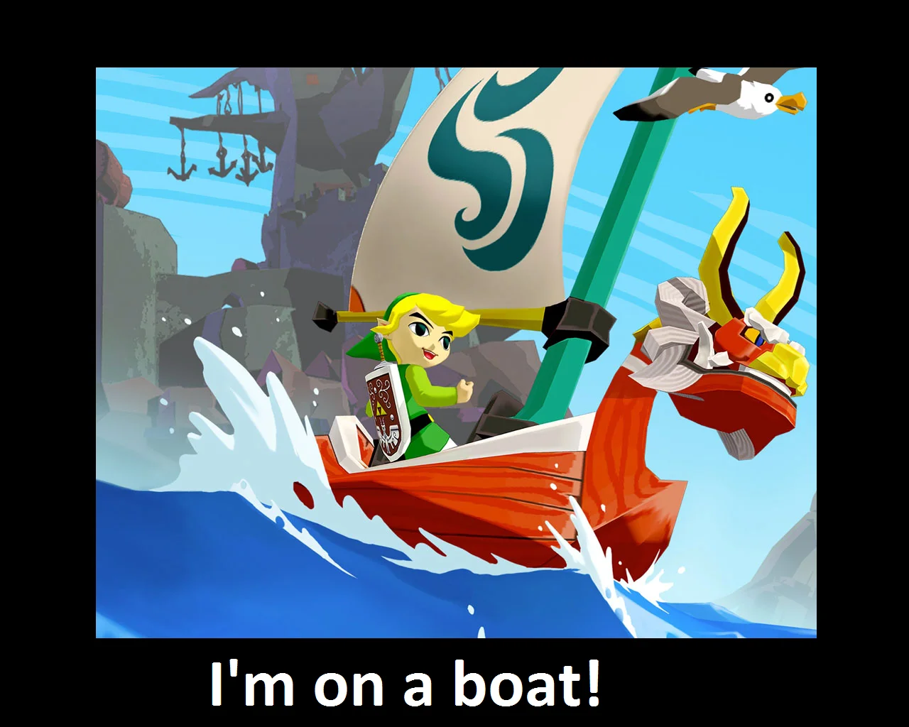 Wind Waker screenshot of Link sailing on the King of Red Lions captioned 'I'm on a boat!'