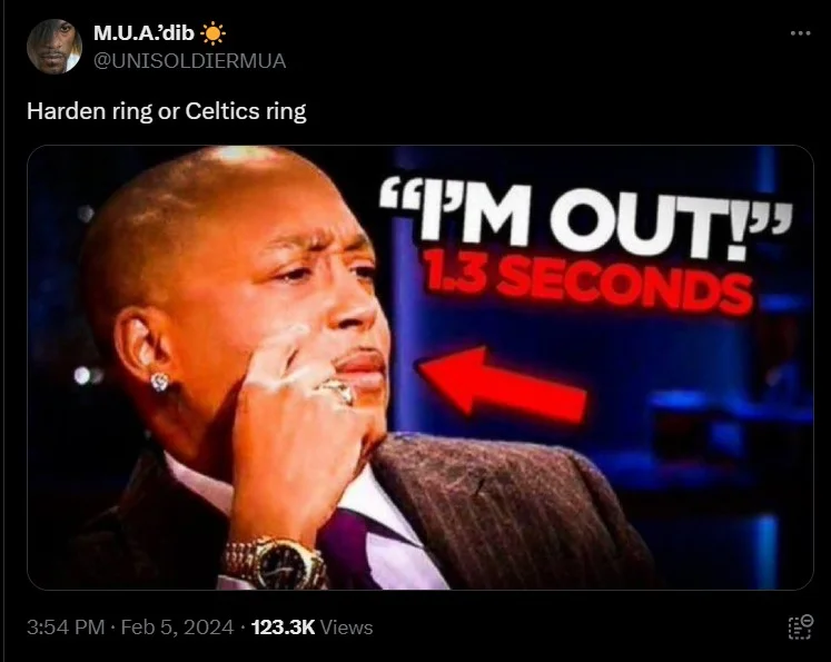 NBA tweet choosing between a Harden ring and Celtics ring, using the 'I'M OUT! 1.3 SECONDS' meme.