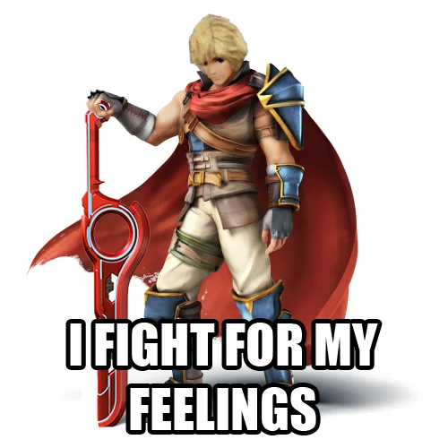 I'm Really Feeling It — Ike from Fire Emblem holding Shulk's Monado sword with caption 'I fight for my feelings'
