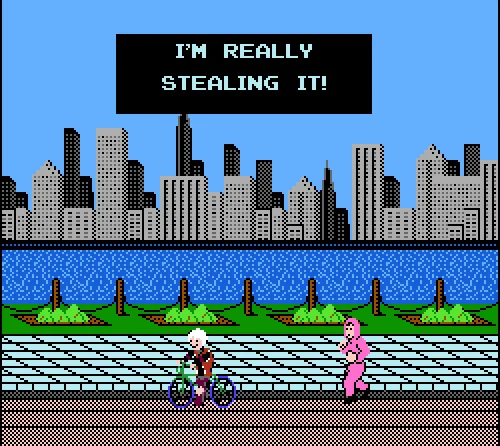 I'm Really Feeling It — Retro NES-style city scene with billboard reading 'I'm really stealing it'