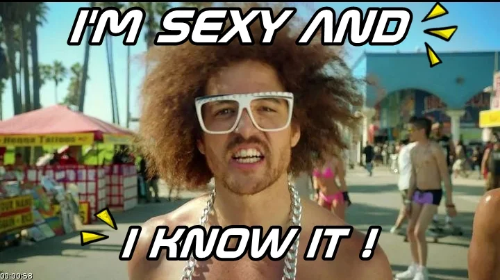 LMFAO's Redfoo with afro and white glasses at Venice Beach with 'I'm sexy and I know it' caption