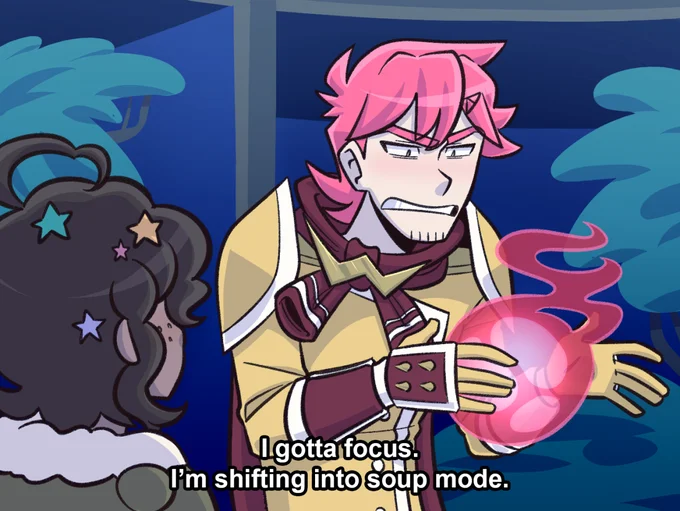 Anime illustration of pink-haired character with glowing orb captioned 'I'm shifting into soup mode.'