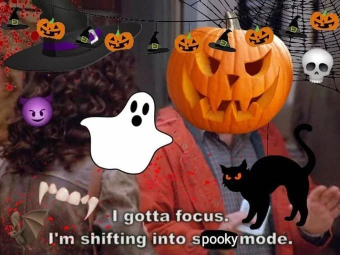 I'm Shifting Into Soup Mode — Halloween-decorated soup mode meme with pumpkin head and ghost, reading 'shifting into spooky mode.'