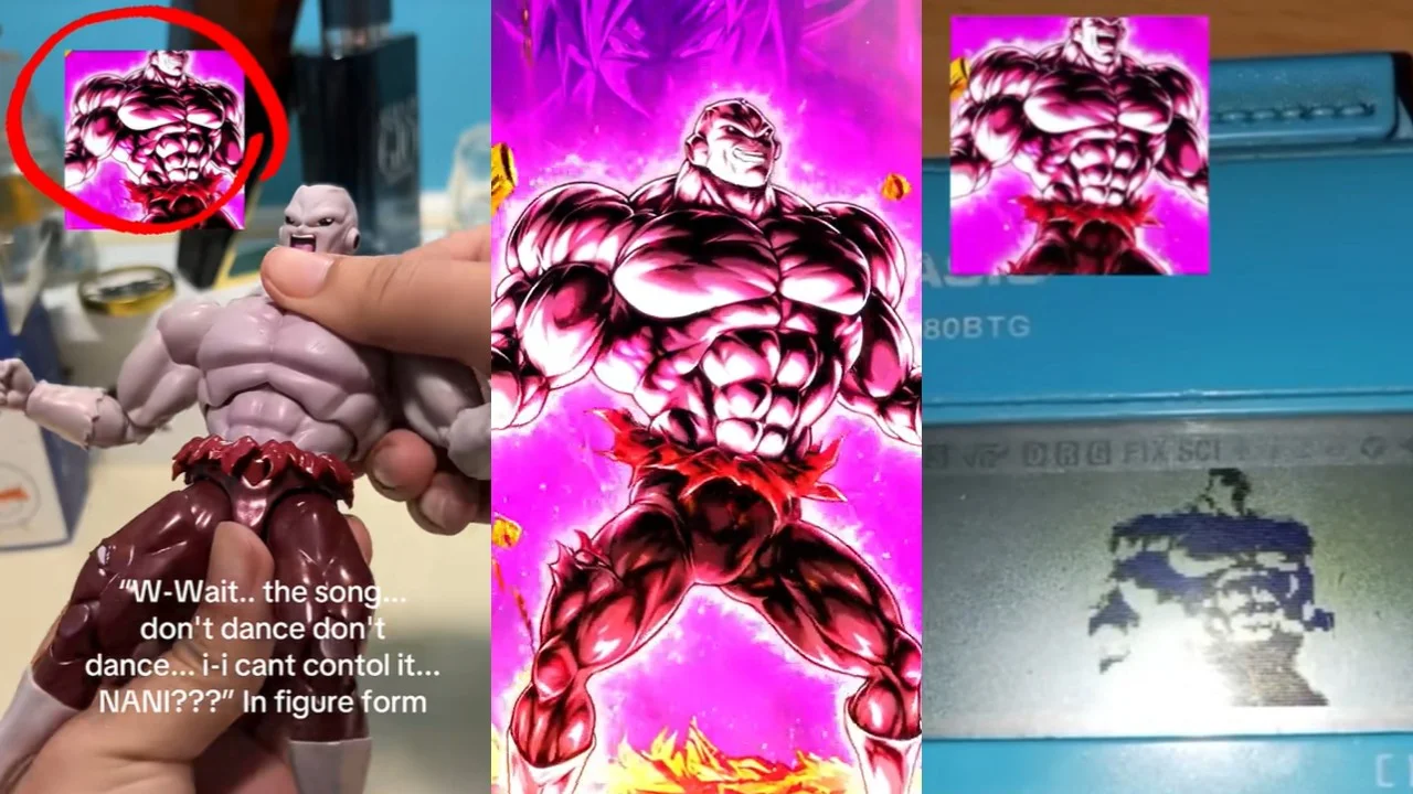 "I'm So In Love With You" Dragon Ball Dance — Triptych meme image of Jiren action figure, Dragon Ball artwork, and calculator pixel rendering with dance song