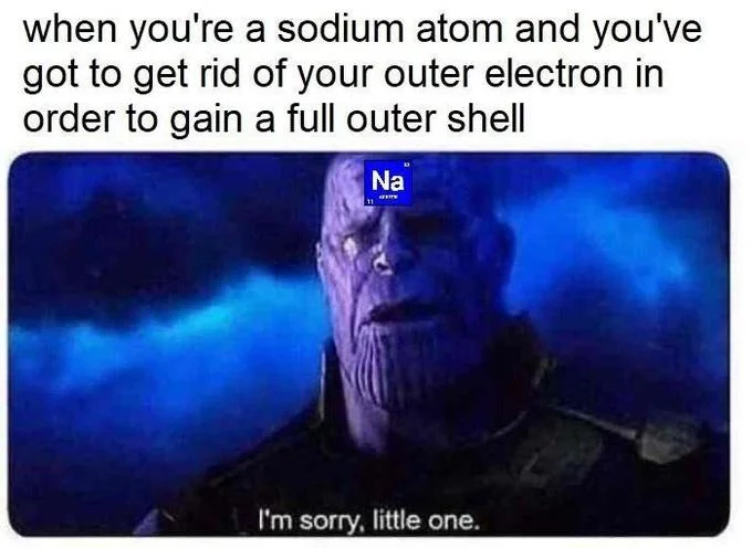 Im Sorry Little One — when you're a sodium atom and you've got to get rid of your outer electron in order to gain a full outer shell Na I'm sorry, little one.