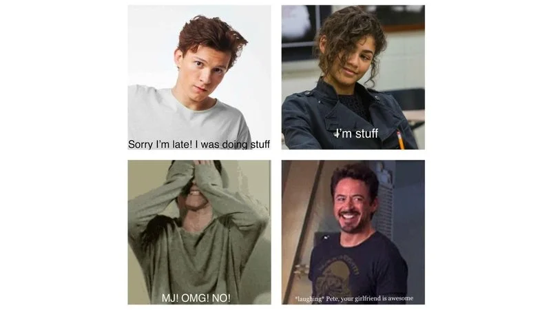 Im Stuff — Definitive version showing complete four-panel exchange with Peter's excuse, 'I'm stuff', MJ's shock, and Tony's laugh.