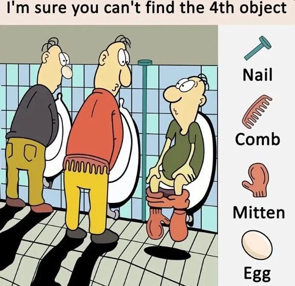 Im Sure You Cant Find The 4Th Object — Three bald cartoon men in a bathroom with a legend of nail, comb, mitten and egg.