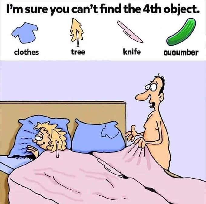 Im Sure You Cant Find The 4Th Object — Elderly Joker cartoon applying lipstick with a legend of lipstick, crutch, knife, and gloves.