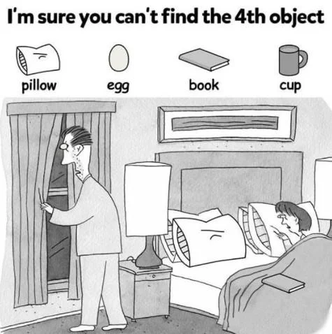 Im Sure You Cant Find The 4Th Object — Grayscale cartoon of a man in a doorway and a man in bed with a legend of pillow, egg, book, and cup.
