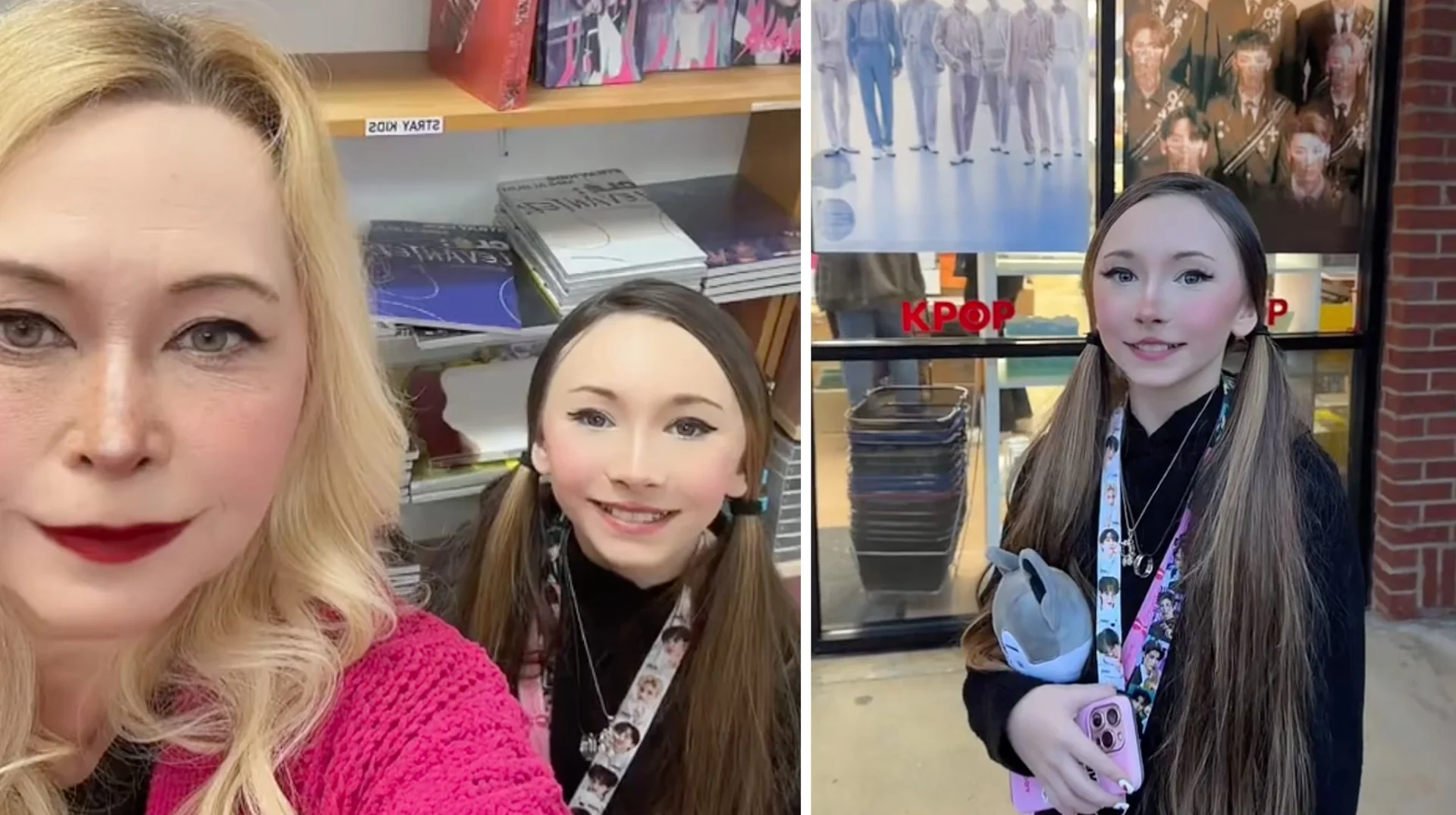 I'm Taking Bebop to the K-Pop Store Today — Side-by-side composite of a mother's selfie with her daughter inside a K-pop store and the daughter posing outside