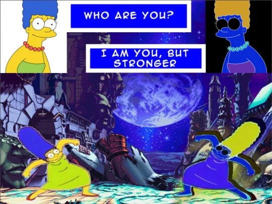 I'm You, But Stronger — Marge Simpson running above Sonic the Hedgehog with captions 'who are you' and 'i am you but faster'