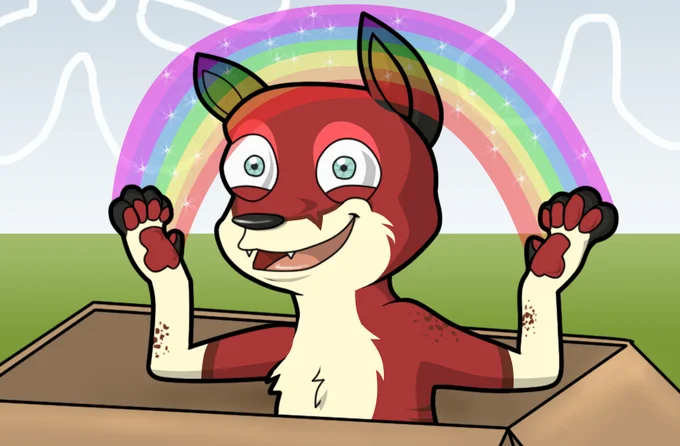 Imagination Spongebob — Cartoon red fox popping out of a box with a rainbow behind, mimicking the Imagination pose