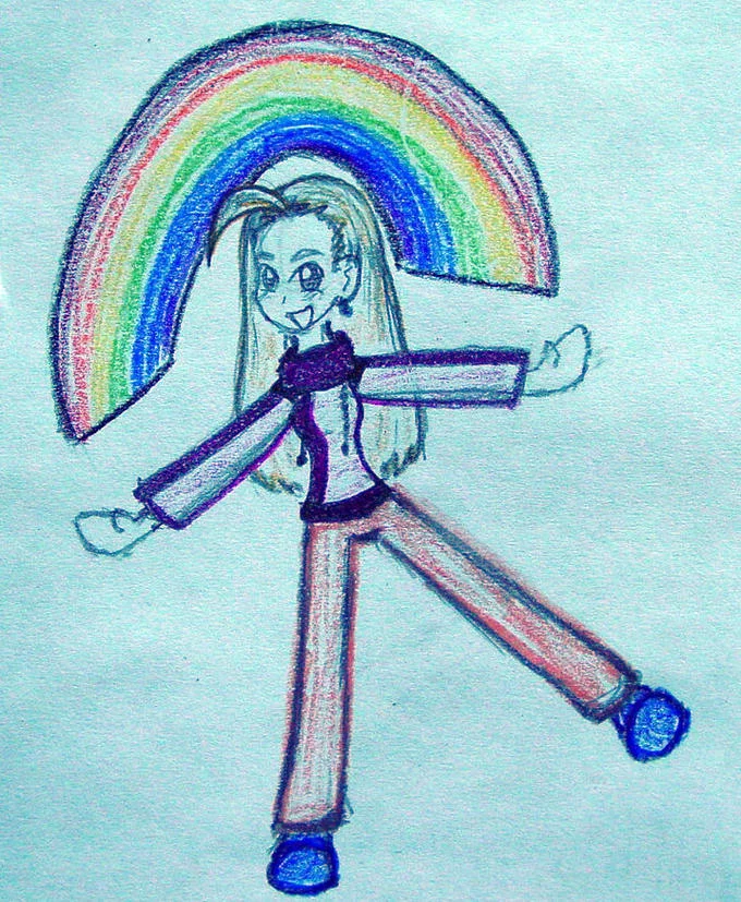 Imagination Spongebob — Crayon drawing of an anime girl posing with a rainbow behind her