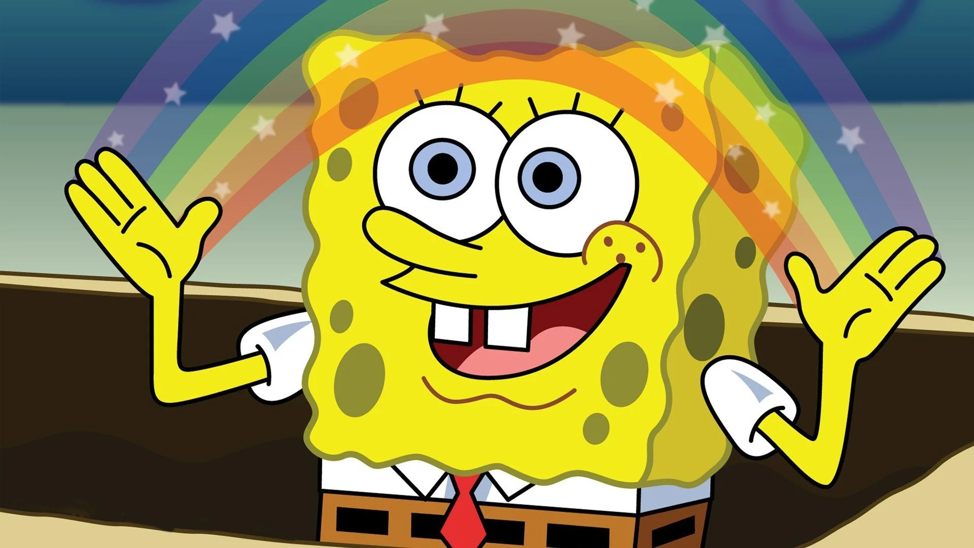 Imagination Spongebob — SpongeBob SquarePants smiling with hands raised framing a sparkling rainbow