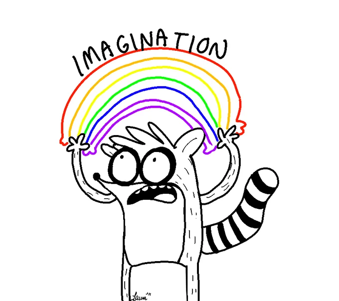 Imagination Spongebob — Rigby from Regular Show holding a rainbow labeled Imagination with a shocked face