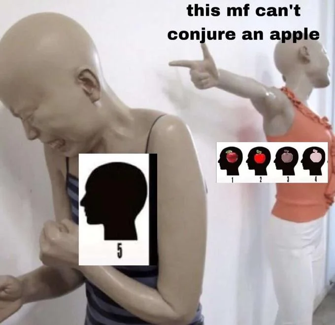 Imagine Spinning Apples — Meme of two mannequins mocking a person who cannot visualize an apple, with aphantasia scale chart