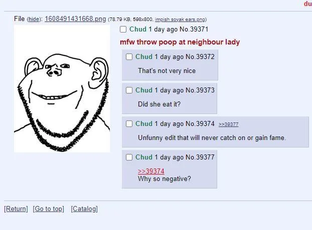 Imageboard screenshot showing early Impjak post with user comments