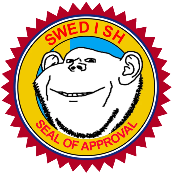 Swedish Seal of Approval badge featuring Impjak face