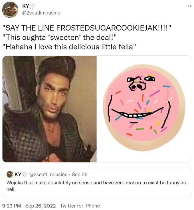 Twitter screenshot of Say the Line meme with frosted cookie Impjak