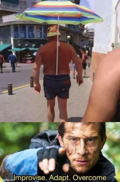 Improvise Adapt Overcome — Two-image collage pairing outdoor street scene with colorful umbrella above survival expert image.