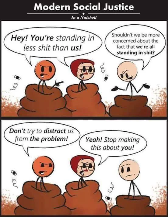 In a Nutshell — Modern Social Justice comic with stick figures arguing about standing in piles