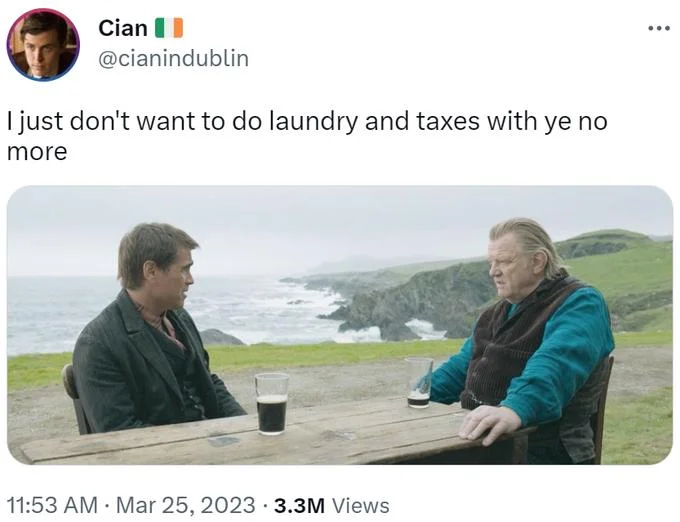 In Another Life, I Would Have Really Liked Just Doing Laundry and Taxes With You — Tweet by @cianindublin captioned 'I just don't want to do laundry and taxes