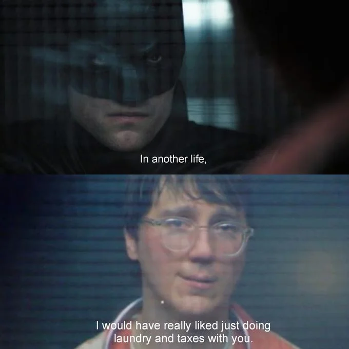 Two-panel The Batman meme with Batman and the Riddler captioned 'In another life, I would have really liked just doing laundry and taxes with you'