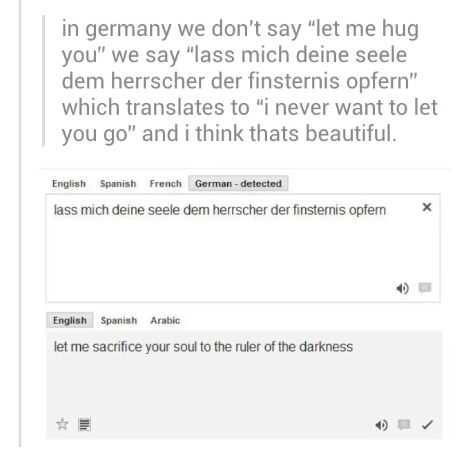 In France, They Don't Say "I Love You" — Tumblr post with a fake sweet German translation, exposed by Google Translate as 'let me sacrifice your soul to the
