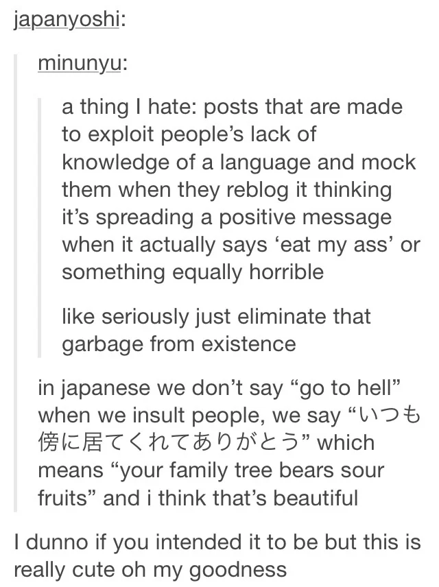 In France, They Don't Say "I Love You" — Tumblr thread complaining about fake foreign translation posts, followed by a joke doing exactly that in Japanese