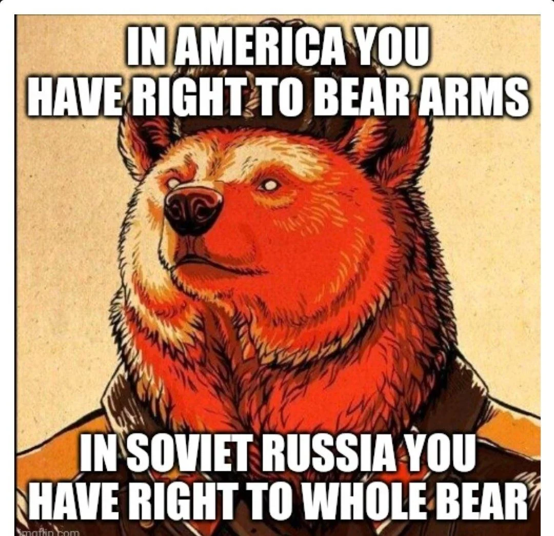 Red bear with In Soviet Russia text about bear arms reversal joke