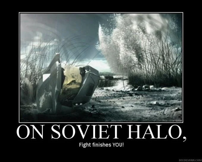 War scene with In Soviet Russia Halo game reversal text