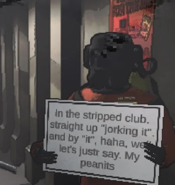 In The Stripped Club. Straight Up "Jorking It" — Pixel art of a Fallout power armor figure holding a sign with the full jorking it peanits tweet text