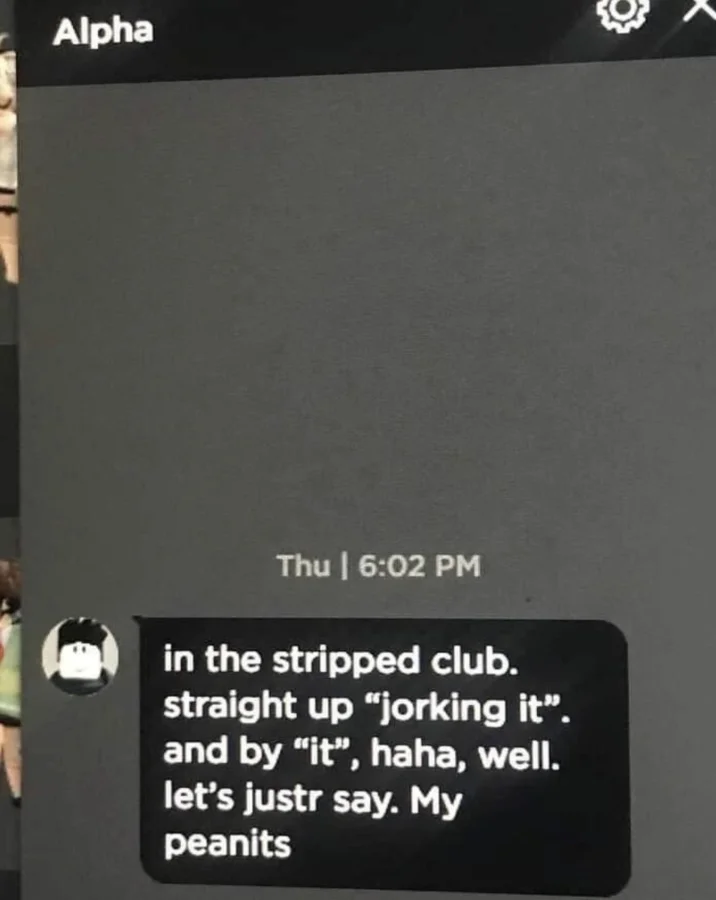 In The Stripped Club. Straight Up "Jorking It" — Photo of a Roblox game chat window showing the full jorking it peanits quote sent as a message