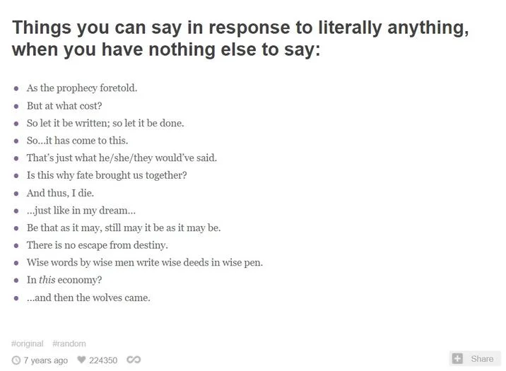 Tumblr post listing universal response phrases including 'In this economy?'