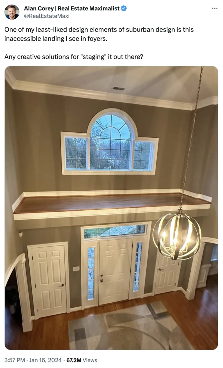 Alan Corey tweet about staging the inaccessible foyer landing with photo