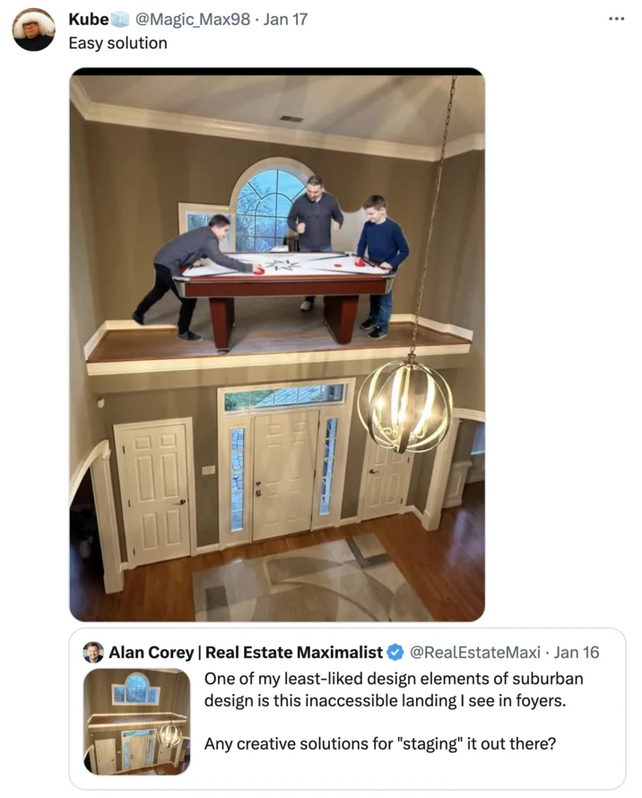 Photoshopped image of a boardroom meeting held on the inaccessible foyer landing