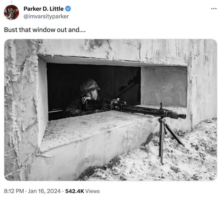 Inaccessible Foyer Landing — Tweet reply suggesting installing a machine gun bunker in the foyer landing