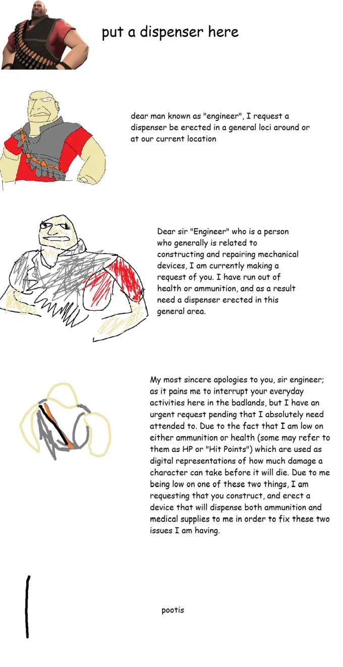 Dispenser request Increasingly Verbose meme with sketch drawings showing escalating text justifications for dispenser installation