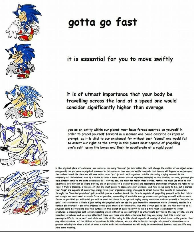 Sonic Increasingly Verbose meme with five progressively chaotic Sonic images and escalating text about moving fast becoming more verbose
