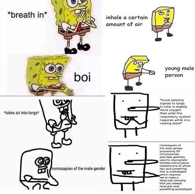 SpongeBob Increasingly Verbose meme about breathing with progressively longer and more elaborate text explanations