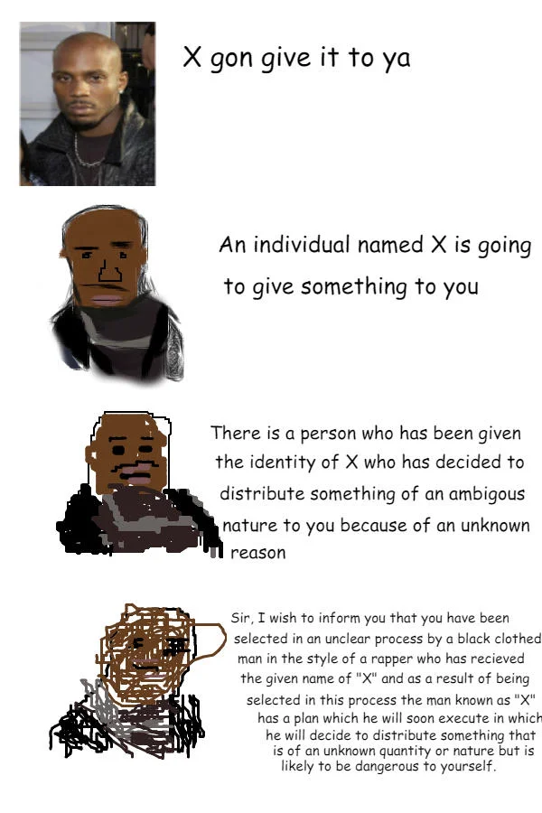 Increasingly Verbose meme about 'X gon give it' with progressively chaotic sketches and escalating text explanations