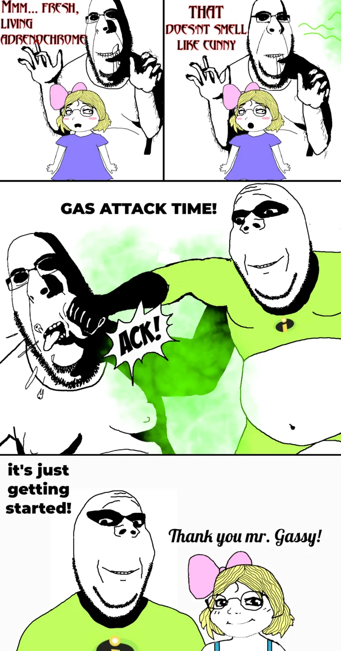 Multi-panel wojak comic featuring Incredible Gassy performing a gas attack