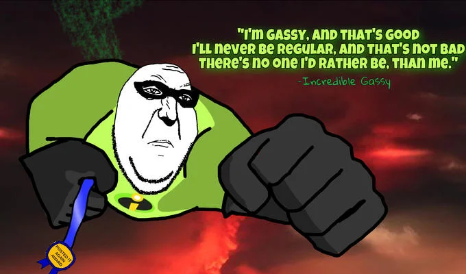 Incredible Gassy character with clenched fist and inspirational quote against red sky