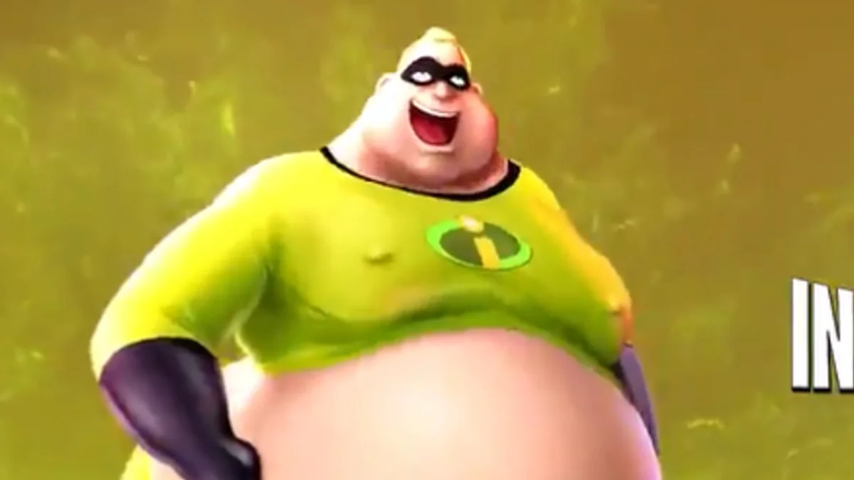 Incredible Gassy — Obese Mr. Incredible parody character in green suit smiling against green background