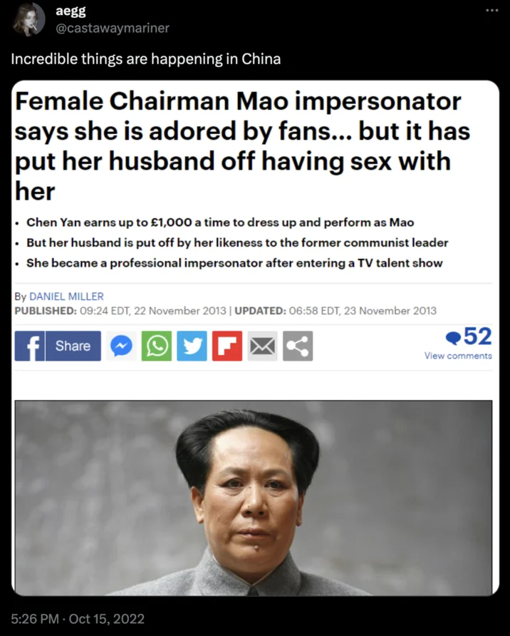 Tweet quoting Daily Mail headline about female Chairman Mao impersonator with caption 'Incredible things are happening in China'