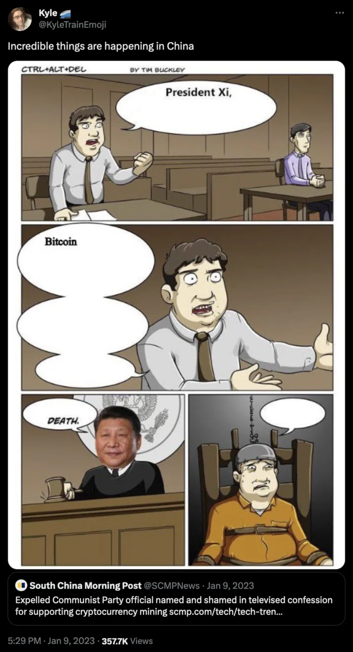 Tweet with Ctrl+Alt+Del comic showing Xi Jinping sentencing a bitcoin supporter to death, captioned 'Incredible things are happening in China'