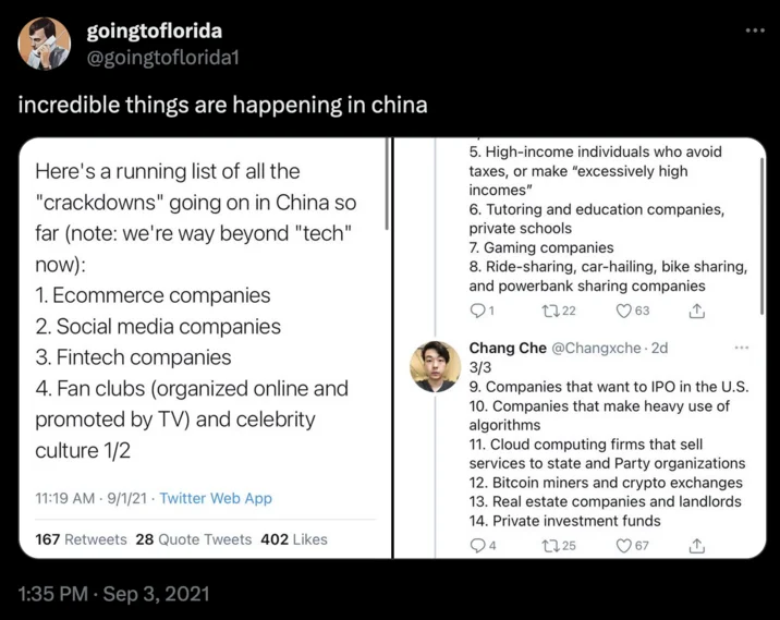 Tweet listing Chinese regulatory crackdowns across 14 industries with caption 'incredible things are happening in china'