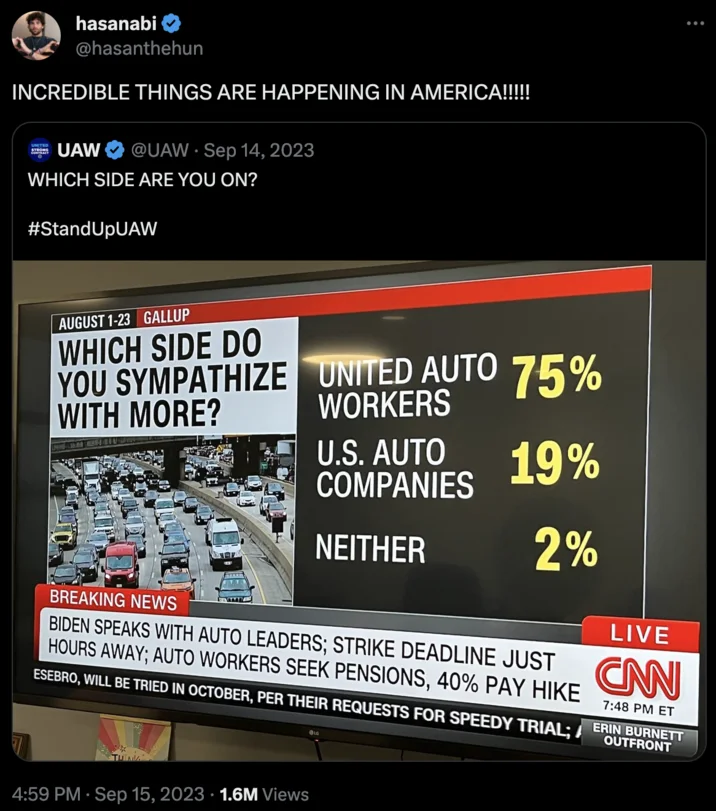 Incredible Things Are Happening In China — Tweet by hasanabi riffing on the meme with 'INCREDIBLE THINGS ARE HAPPENING IN AMERICA' over a UAW CNN poll graphic