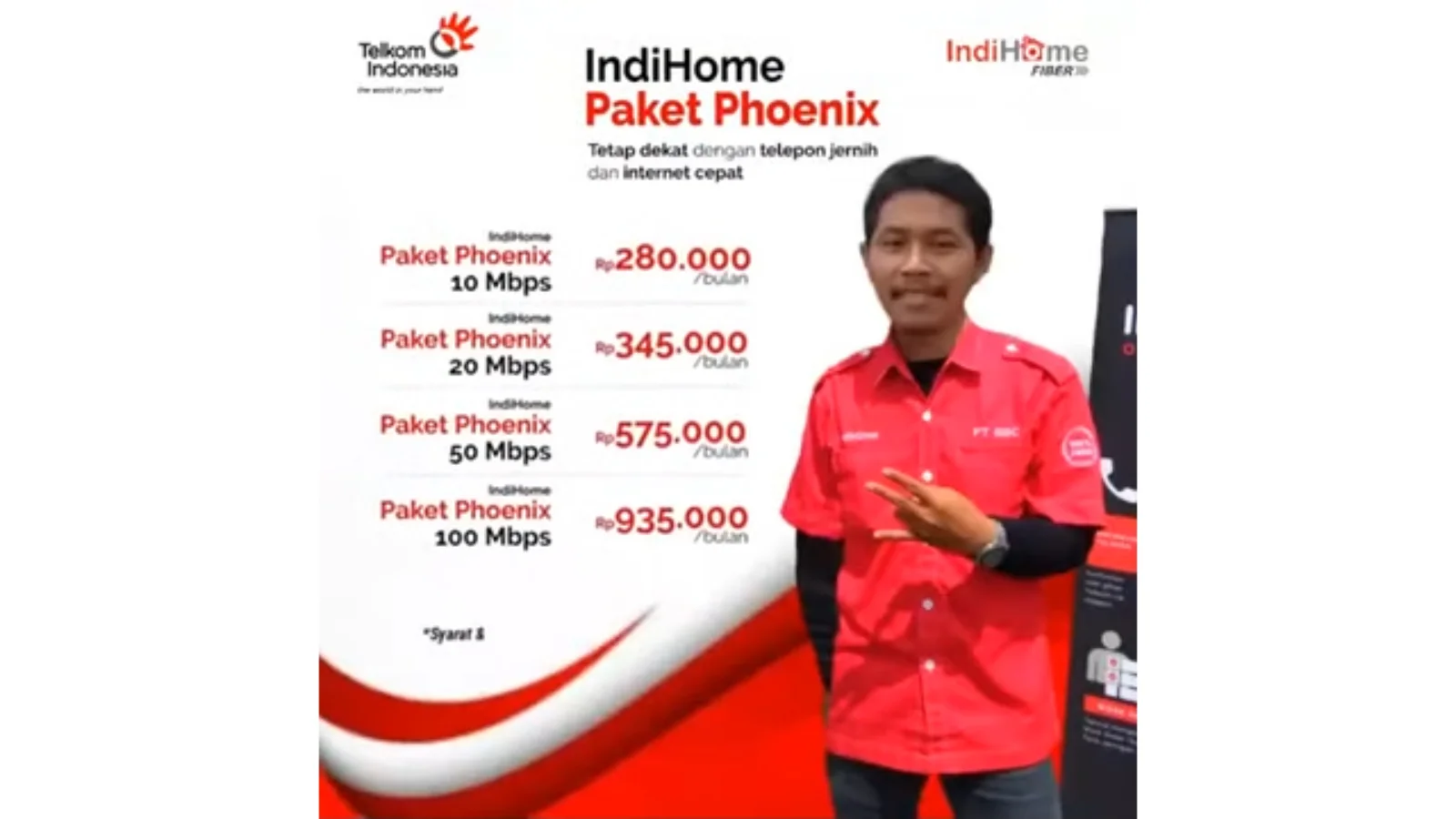 IndiHome Paket Phoenix promotional poster showing pricing tiers alongside a smiling employee in red uniform