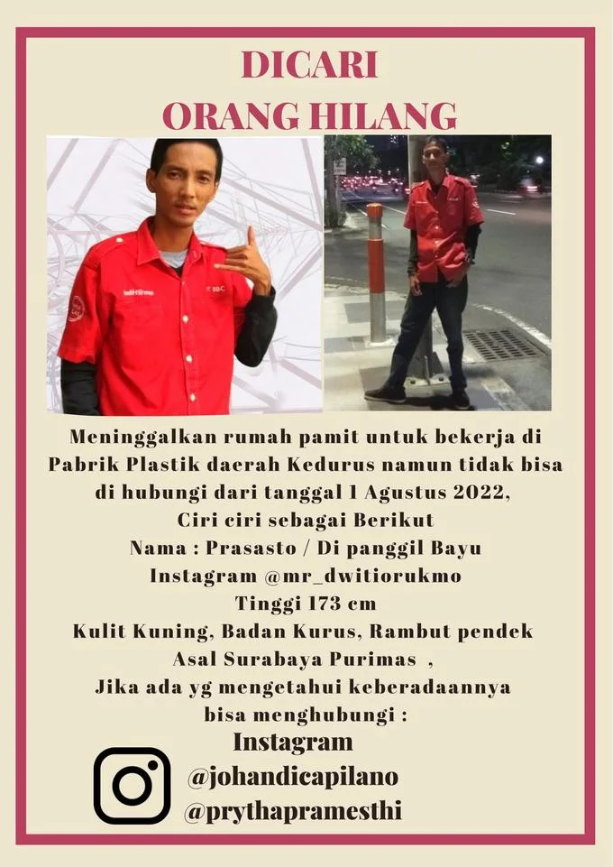 Indonesian missing person flyer featuring the IndiHome Paket Phoenix model Prasasto with contact details